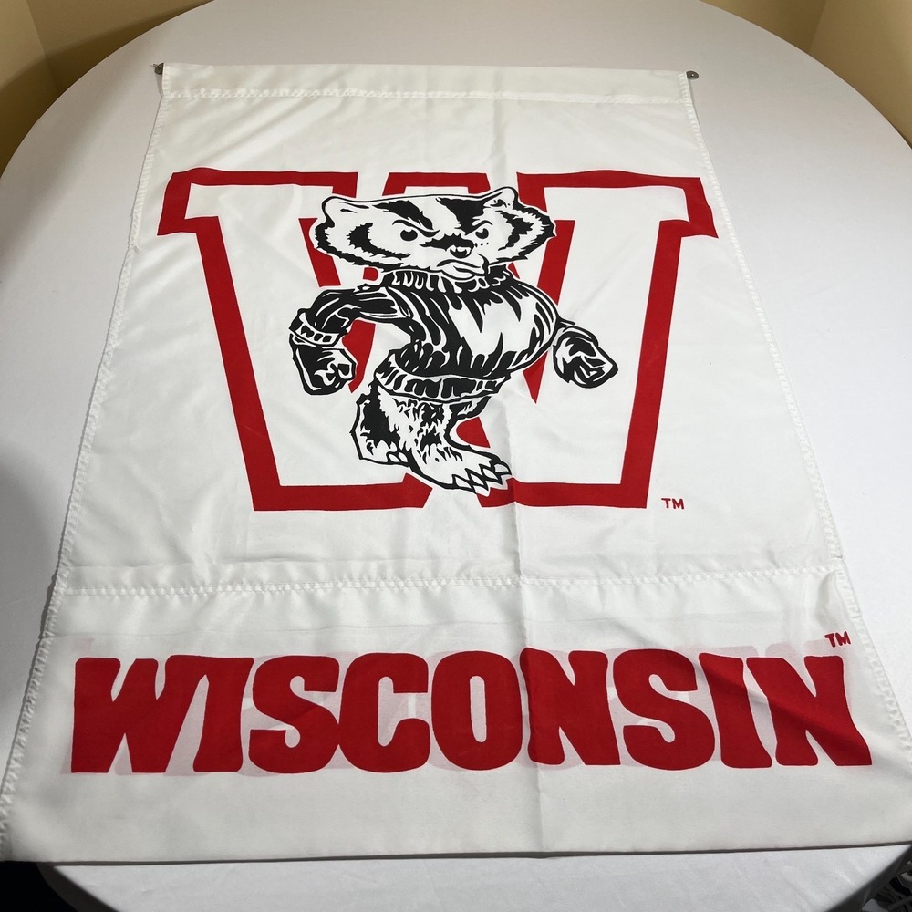 Wisconsin Badgers Garden Flag Bucky Badger Logo White Red 29x42 Double Sided